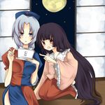  bad_id bad_pixiv_id black_hair brown_eyes handheld_game_console hat houraisan_kaguya long_hair moon multiple_girls nintendo_ds playing_games ribbon touhou umi_(umi02) video_game white_hair yagokoro_eirin 