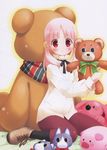  :&lt; :3 blush gayarou kiriyama_sakura pantyhose pink_hair red_eyes sakura_musubi sitting solo stuffed_animal stuffed_toy teddy_bear twintails 