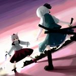  battle duel geta hat inubashiri_momiji katana konpaku_youmu lowres multiple_girls ribbon sheath short_hair sword tengu-geta touhou tsubasa_(abchipika) weapon white_hair 