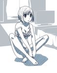  bad_id bad_pixiv_id barefoot bra feet indian_style legs lingerie long_legs monochrome original panties sakebuotoko short_hair sitting solo strap_slip underwear underwear_only 