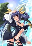  asymmetrical_wings bare_shoulders blush dizzy guilty_gear noritama_(gozen) one_eye_closed purple_hair ribbon smile solo tail tail_ribbon thighhighs wings 