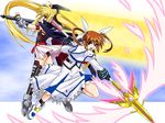  arm_belt bardiche belt blonde_hair bow cape energy_sword energy_wings fate_testarossa fingerless_gloves gloves lyrical_nanoha magical_girl mahou_shoujo_lyrical_nanoha mahou_shoujo_lyrical_nanoha_a's multiple_girls oyama_(fortune_pandora) purple_eyes raising_heart red_bow red_eyes red_hair sword takamachi_nanoha thighhighs twintails weapon wings 
