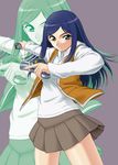  bangs blue_hair closed_mouth dual_wielding frown green_eyes holding holding_weapon hood hood_down hoodie kuga_natsuki long_hair long_sleeves looking_at_viewer miniskirt misnon_the_great my-hime parted_bangs pleated_skirt skirt solo vest weapon zoom_layer 