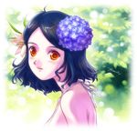  bare_shoulders benk black_hair flower from_side hair_flower hair_ornament hydrangea lily_(flower) orange_eyes original signature solo tree upper_body 