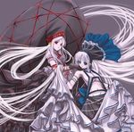  bangs blue_eyes bow copyright_request cradle_(artist) dress flower gloves gown hair_ornament kuroya_shinobu lolita_fashion long_hair midriff multiple_girls navel pearl red_eyes ribbon rose tattoo very_long_hair white_hair wind 