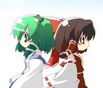  back-to-back blush_stickers brown_eyes brown_hair chibi detached_sleeves green_eyes green_hair hakurei_reimu kochiya_sanae multiple_girls oka_(bananashoe) profile short_hair touhou 