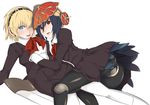  aegis_(persona) android black_hair blonde_hair blue_eyes bow ghost-q metis multiple_girls persona persona_3 red_eyes ri ribbon school_uniform yuri 