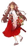  copyright_request endou_okito flower hakama japanese_clothes katana kimono long_hair miko red_hakama sandals simple_background solo sword weapon 