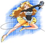  bad_id bad_pixiv_id bindi blonde_hair bridal_gauntlets brown_eyes elbow_gloves fingerless_gloves galaxy_angel gloves high_heels jumping microphone nyama one_eye_closed ranpha_franboise see-through shoes skirt solo sweat vintage_microphone 