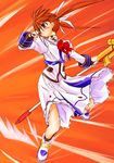  bow fingerless_gloves gloves long_skirt long_sleeves lyrical_nanoha magazine_(weapon) magical_girl mahou_shoujo_lyrical_nanoha mahou_shoujo_lyrical_nanoha_a's puffy_sleeves purple_eyes raising_heart red_background red_bow red_hair shoes skirt solo takamachi_nanoha twintails uka white_devil winged_shoes wings yuuka_(o.t.kingdom) 