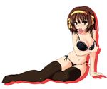  black_legwear black_panties blush bow bow_bra bra breast_hold breasts brown_hair cleavage condom condom_in_mouth front-tie_top hair_ribbon hairband johnny_(from_scratch) large_breasts lingerie mouth_hold naughty_face panties ribbon short_hair side-tie_panties solo suzumiya_haruhi suzumiya_haruhi_no_yuuutsu thighhighs underwear underwear_only yellow_eyes 