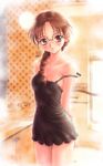  arms_behind_back bare_shoulders bathroom black_dress blush braid breasts brown_eyes brown_hair chemise cleavage collarbone cowboy_shot dress glasses goto_p hair_over_shoulder hand_on_own_arm hoshina_tomoko indoors lamp long_hair looking_at_viewer medium_breasts microdress over-rim_eyewear parted_lips semi-rimless_eyewear shampoo_bottle signature single_braid sleeveless sleeveless_dress small_breasts solo steam strap_slip to_heart wall window 