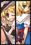  alice_margatroid blonde_hair blue_eyes book brown_eyes grimoire grimoire_of_alice grin hand_on_headwear hat inuinui kirisame_marisa looking_back multiple_girls one_eye_closed orange_eyes smile touhou 