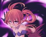  agito_(nanoha) aiai bare_shoulders chain clenched_hand clenched_teeth collar collarbone gloves grin hair_between_eyes looking_at_viewer lyrical_nanoha magical_girl mahou_shoujo_lyrical_nanoha_strikers o-ring o-ring_top outstretched_arm purple_eyes purple_gloves quad_tails red_hair smile solo teeth upper_body wrist_cuffs 