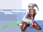  angry arm_support belt breasts choker copyright_name crop_top dark_skin elbow_gloves energy_sword gloves high_heels hunewearl kneeling large_breasts long_hair long_sleeves midriff navel no_bra open_mouth phantasy_star phantasy_star_online pointy_ears ponytail red_eyes shoes shorts sil'fer silver_hair single_elbow_glove single_glove sword takatan thighhighs torn_clothes torn_legwear wallpaper weapon 