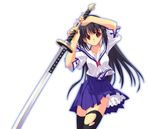  1girl kobayashi_chisato long_hair original school_uniform serafuku solo sword thighhighs torn_clothes torn_thighhighs weapon zettai_ryouiki 
