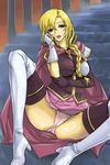  blonde_hair boots braid cameltoe cape fire_emblem fire_emblem:_rekka_no_ken gloves long_hair louise michael panties pink_panties sitting sitting_on_stairs solo spread_legs stairs thigh_boots thighhighs underwear 