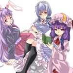  animal_ears bad_id bad_pixiv_id blush book braid bunny_ears grey_hair hat izayoi_sakuya kazuha_nanako lavender_hair long_hair lowres maid multiple_girls patchouli_knowledge purple_hair reisen_udongein_inaba ribbon short_hair touhou twin_braids 