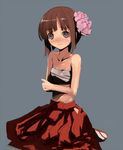  blush brown_hair bushidou_(sekaiju) crossed_arms flat_chest flower hakama japanese_clothes kneeling red_hakama sarashi sekaiju_no_meikyuu short_hair solo waa 