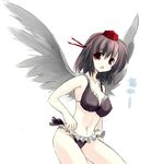  bangs bikini black_hair black_wings character_name frilled_bikini frills hat looking_at_viewer open_mouth red_eyes seo_tatsuya shameimaru_aya simple_background solo swimsuit tokin_hat touhou translated white_background wings 