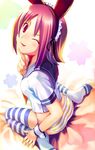  animal_ears bunny_ears feet koutaro nijiiro_zakura no_shoes onnanoko_suwari panties pink_hair striped striped_legwear striped_panties striped_thighhighs thighhighs underwear 