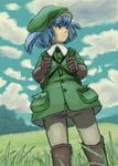  3105 backpack bag blue_hair field gloves grass hat kawashiro_nitori short_hair solo touhou two_side_up uniform 