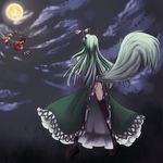  asa_inu ass blonde_hair dress dress_lift ex-keine full_moon gap garter_straps gohei green_hair hakurei_reimu hands_on_hips hat horns kamishirasawa_keine long_hair moon multiple_girls no_panties ribbon tail thighhighs touhou very_long_hair yakumo_yukari 