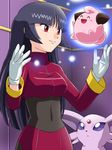  black_hair cleffa espeon gen_2_pokemon gloves gym_leader long_hair lowres natsume_(pokemon) pokemoa pokemon pokemon_(creature) pokemon_(game) pokemon_rgby promotions psychic red_eyes 