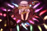  blonde_hair flandre_scarlet glowing glowing_wings hat kito_(coyo) laevatein looking_down open_mouth ponytail red_eyes ribbon short_hair skirt smile solo touhou wavy_hair wings 