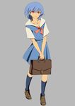  ayanami_rei bag blue_hair highres mebae neon_genesis_evangelion red_eyes school_bag school_uniform short_hair smile solo 