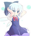  alternate_hairstyle blue_eyes blue_hair blush_stickers bow bowtie cirno colored_eyelashes dress hair_ribbon hairdressing jpeg_artifacts oka_(bananashoe) ponytail ribbon short_hair solo touhou wavy_mouth wings 