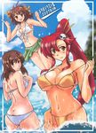  ass back bikini blush brown_eyes brown_hair butt_crack covered_nipples crossover day green_sarong hoshino_yuumi jumping kimi_kiss long_hair multiple_girls ocean red_hair sarong shimozuki_hokouei suzumiya_haruhi suzumiya_haruhi_no_yuuutsu swimsuit tengen_toppa_gurren_lagann wet white_bikini yellow_bikini yellow_eyes yoko_littner 