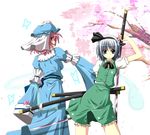  blue_eyes cherry_blossoms flower fumihiro hairband hitodama konpaku_youmu konpaku_youmu_(ghost) multiple_girls pink_hair red_eyes saigyouji_yuyuko silver_hair sword touhou weapon 