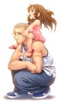  1girl brown_hair buzz_cut candy carrying chiba_toshirou child copyright_request food glasses lollipop shoulder_carry 
