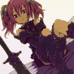  armor fantasy fukanensei lowres original pink_hair red_eyes sitting solo sword weapon 