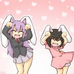  :d ^_^ animal_ears bad_id bad_pixiv_id bare_legs black_hair blush bunny_ears caramelldansen closed_eyes dancing happy heart inaba_tewi jewelry long_hair multiple_girls necklace necktie open_mouth pleated_skirt purple_hair red_neckwear reisen_udongein_inaba reku short_hair skirt smile touhou 