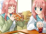  :3 ^_^ bangs blouse blue_eyes bow chair closed_eyes drink eating food food_on_face frown futari_de_hitotsu_no_koigokoro game_cg hair_bow holding holding_food indoors jacket long_hair long_sleeves multiple_girls nonomiya_chihaya nonomiya_chihiro open_clothes open_jacket pink_hair restaurant sakura_mitono sandwich school_uniform sidelocks smile soda submarine_sandwich table unbuttoned white_blouse 