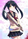  bad_id bad_pixiv_id black_hair cherry_blossoms katana long_hair original riru school_uniform serafuku smile solo sword twintails weapon yellow_eyes 