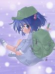  backpack bag bandaid bandaid_on_knee blue_eyes blue_footwear blue_hair cucumber from_behind full_body geshopu hair_bobbles hair_ornament hat kawashiro_nitori long_sleeves looking_at_viewer looking_back mary_janes shoes snowing socks solo touhou two_side_up white_legwear 