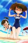  amami_haruka beach bottomless day futami_ami futami_mami hair_bobbles hair_ornament hat idolmaster idolmaster_(classic) idolmaster_live_for_you! kisaragi_chihaya multiple_girls name_tag nanakorobi one-piece_swimsuit one_eye_closed parasol school_swimsuit siblings sisters straw_hat sun_hat swimsuit twins umbrella 