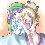  baerun bag blonde_hair blue_eyes blue_hair hat holding_hands kawashiro_nitori moriya_suwako multiple_girls one_eye_closed ribbon short_hair touhou two_side_up 