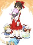  :3 age_regression alternate_costume animal_ears blonde_hair blue_hair brown_eyes brown_hair cat_ears cat_tail chen cirno commentary_request detached_sleeves directional_arrow flandre_scarlet food hair_ribbon hakurei_reimu hat hat_removed headwear_removed kindergarten multiple_girls multiple_tails ogawa_maiko pink_hair popsicle red_eyes remilia_scarlet ribbon school_uniform tail tears touhou wings yakumo_ran younger 