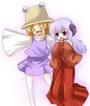  &gt;_&lt; bad_id bad_pixiv_id blonde_hair closed_eyes crossover hakama hanyuu hat higurashi_no_naku_koro_ni horns japanese_clothes long_hair lowres miko moriya_suwako multiple_girls purple_eyes purple_hair red_hakama ribbon thighhighs touhou yuzuki_(yuduame) 