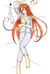  ahoge akamatsu_ken albert_chamomille bad_feet barefoot bell blue_eyes breasts cleavage dakimakura green_eyes heterochromia kagurazaka_asuna long_hair lying mahou_sensei_negima! medium_breasts orange_hair pajamas solo very_long_hair 