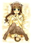  amagai_tarou animal_ears blue_eyes blush braid brown_hair cat_ears copyright_request feet garter_belt lowres maid panties solo tail thighhighs underwear 