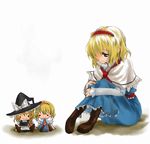  alice_margatroid blonde_hair blue_eyes capelet character_doll doll hair_over_one_eye hairband hat holding_hands kirisame_marisa leg_hug lonely myama sad sitting solo touhou witch_hat 