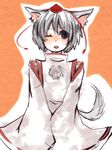  animal_ears blue_eyes chiri_(o9o9) hat inubashiri_momiji one_eye_closed short_hair silver_hair solo tail tokin_hat touhou wolf_ears wolf_tail 