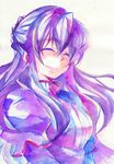  ^_^ bad_id bad_pixiv_id breasts closed_eyes closed_mouth gundam gundam_00 large_breasts long_hair marina_ismail misaki_kozue purple_hair sidelocks simple_background smile solo striped upper_body vertical_stripes white_background 