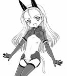  :d ahoge animal_ears antenna_hair aoyama_reo blush cowboy_shot elise_von_dietrich fake_animal_ears flat_chest gloves greyscale hairband happy head_tilt leotard long_hair monochrome motion_slit open_mouth pilot_suit simple_background sky_girls smile solo tail thighhighs turtleneck zipper 
