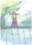  blonde_hair cloud day dress green_eyes hair_ribbon hat moriya_suwako ribbon rice_paddy short_hair sky smile solo takanashi_akihito thighhighs touhou tree wading water 